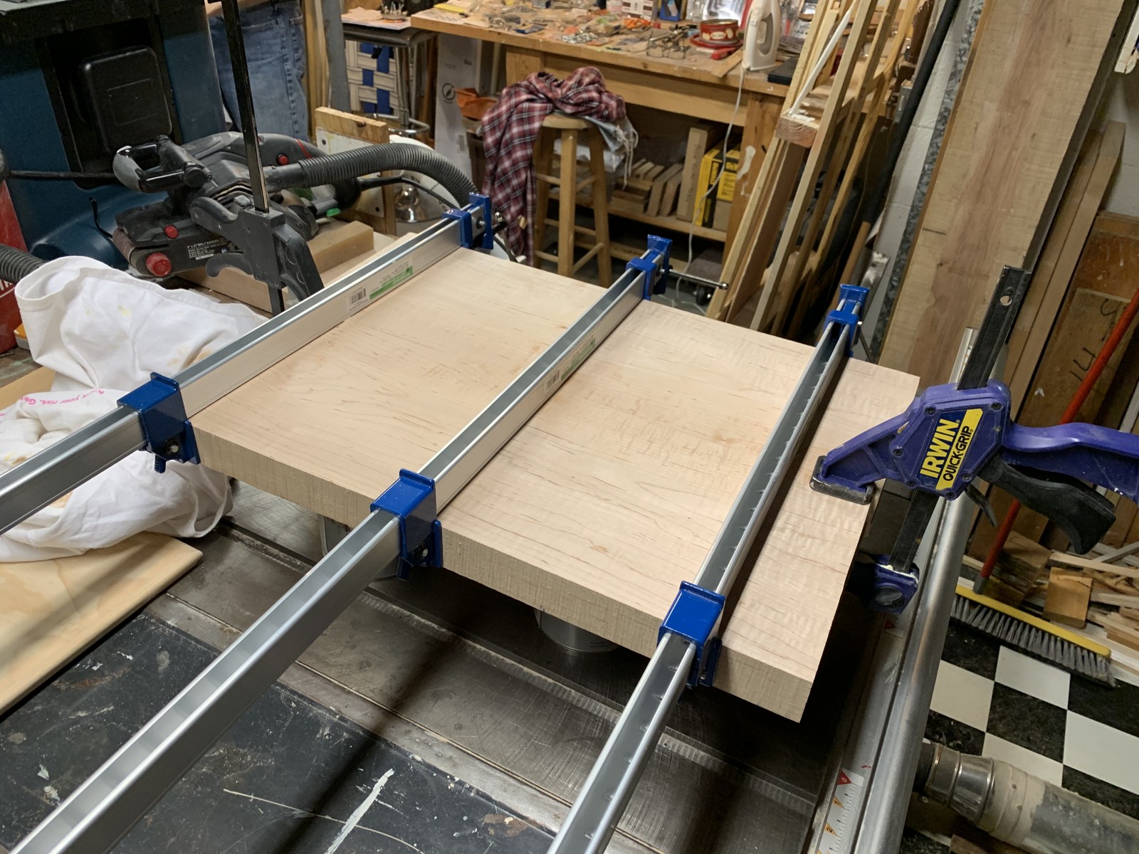 Clamps holding the body blank during glue-up