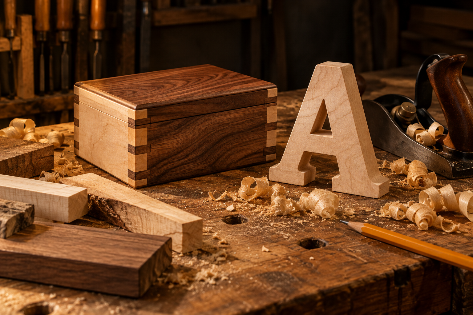 Wooden keepsake box, wood letter, and hand tools on a warmly lit workbench